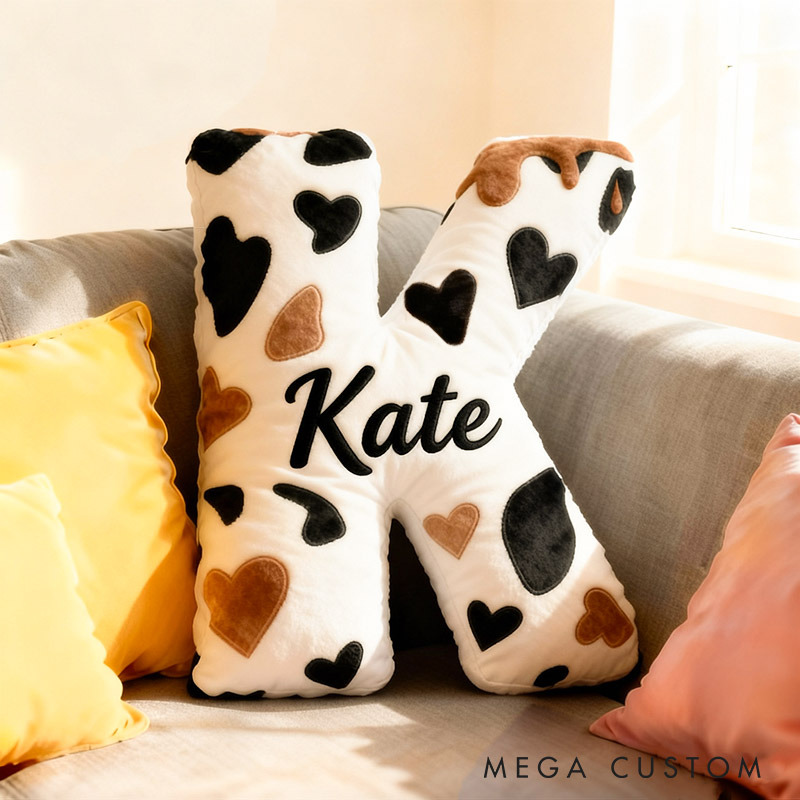 Personalized Girlfriend Brown Cow Print Heart Pillow Custom Wife Name Graphic 3D Print Cushion Valentine's Day Pillow Christmas Gift for Him Her
