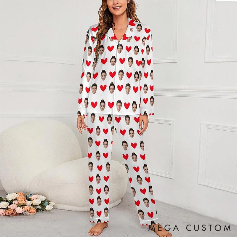 Personalized Couple Face Photo Pajamas Set Costom Photo Valentine's Day Heart Pajamas for Boyfriend Girlfriend for Wife Husband