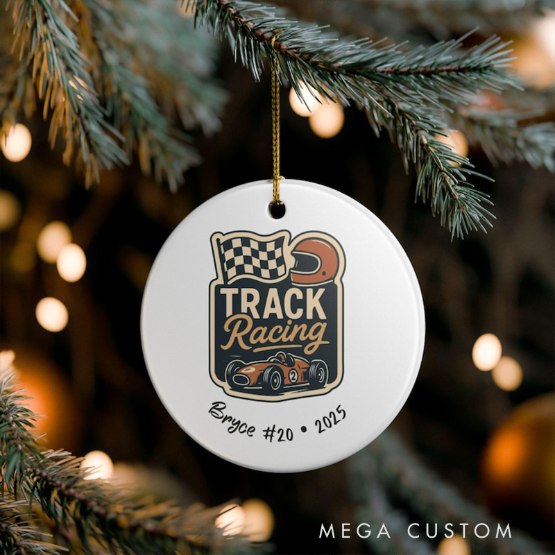 Personalized Racing Christmas Ornament Custom Name and Number Ceramic Round Track Racing Decoration Gift for Car Lovers and Motorsports Fans