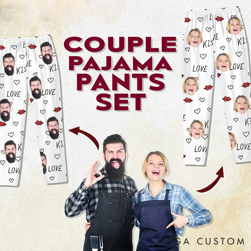 Personalized Couple Kiss Face Photo Pajamas Set Costom Photo Valentine's Day Heart Pajamas for Boyfriend Girlfriend for Wife Husband