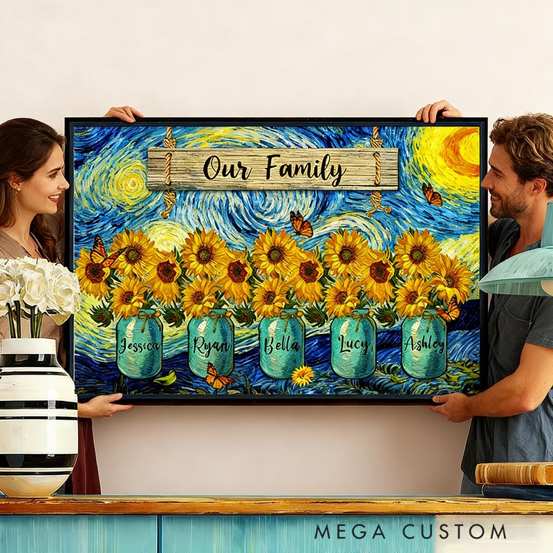 Personalized Our Family Van Gogh Style Starry Night Sunflower Vase Poster Without Frame Custom Art Lover Gift for Her Mom Grandmother for Mother's Day