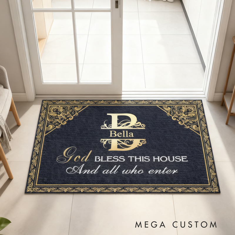 Personalized God Bless this House and All Who Enter Doormat with Name Non-Slip Durable Front Door Decor Religious Gift for Faithful Family
