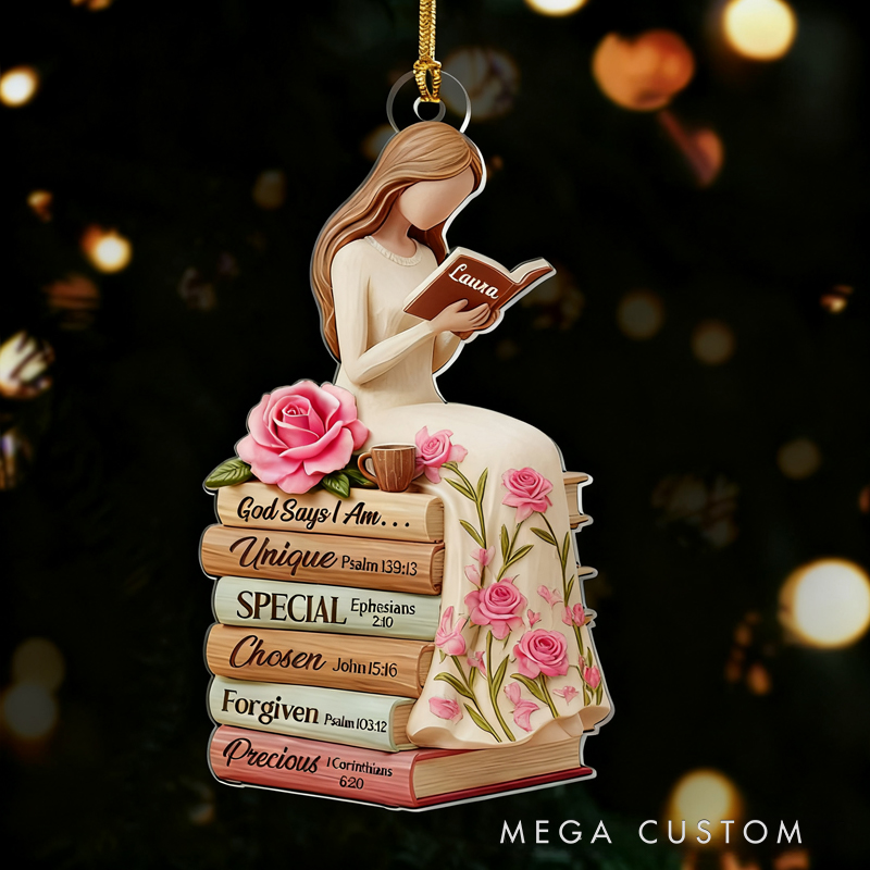 Personalized Birth Flower God Says i am Bible Verse Faithful Reflections Acrylic Ornament with Name Holiday Tree Decor Religious Gift Christmas Gift for Christian