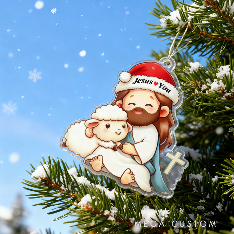 Personalized Cute Jesus Lamb Acrylic Ornament with Jesus Love you Custom Name Holiday Tree Decor Religious Gift for Kids Christian Gift for Christmas
