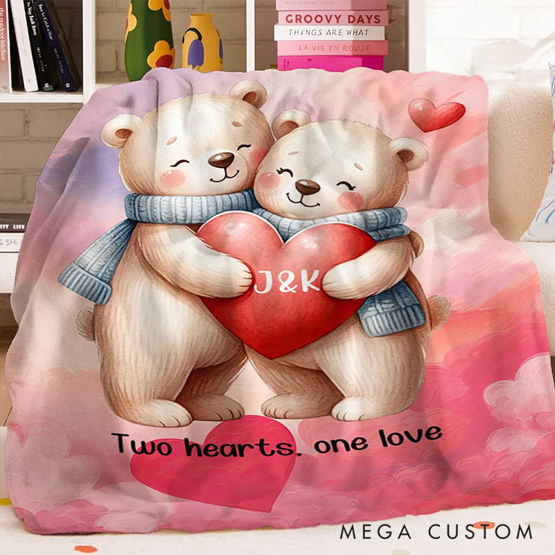 Personalized Cartoon Couple Bear in Love Blanket Custom Newlyweds Name Beer Heart Blanket Valentine's Day Gift for Husband Wife Boyfriend Girlfriend