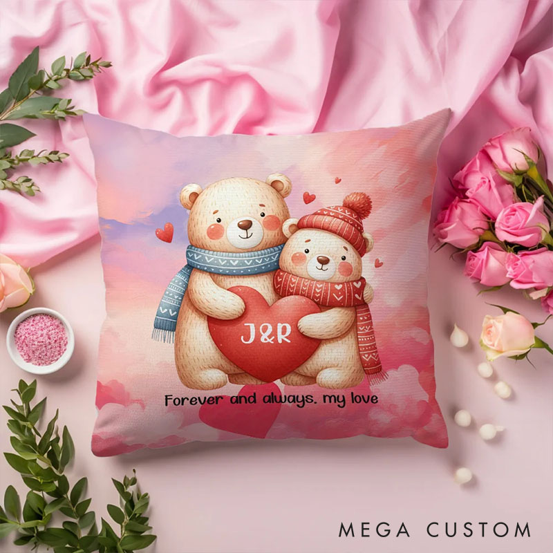 Personalized Cartoon Couple Bear in Love Pillow Custom Newlyweds Name Beer Heart Pillow Valentine's Day Gift for Husband Wife Boyfriend Girlfriend