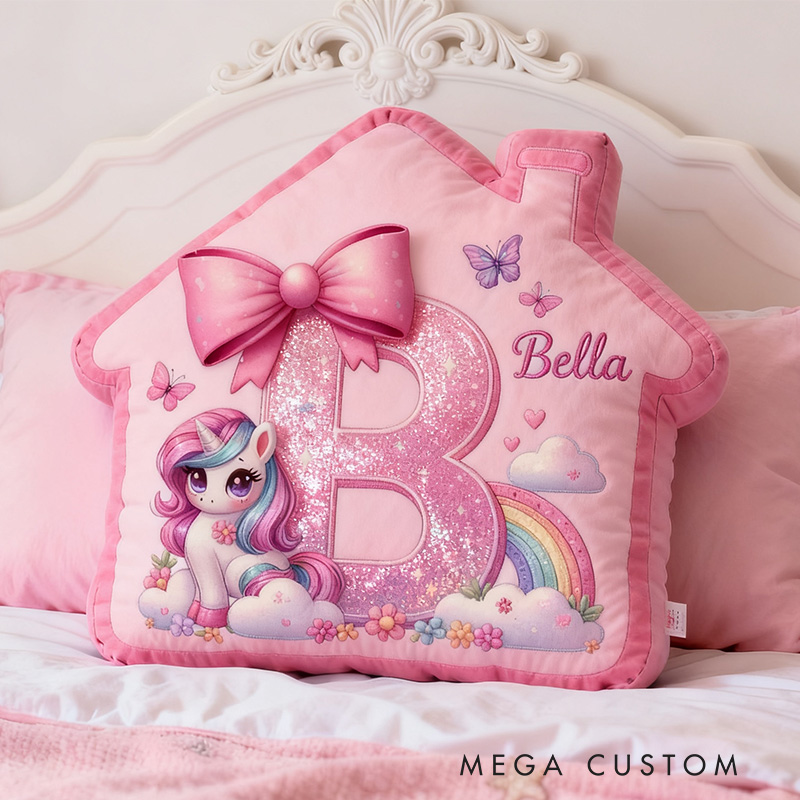 Personalized Unicorn Pillow Pink House-Shaped 26 Letters Custom Name Design Perfect for Girl's Bedroom Decor and Gift Idea Graphic 3D Print