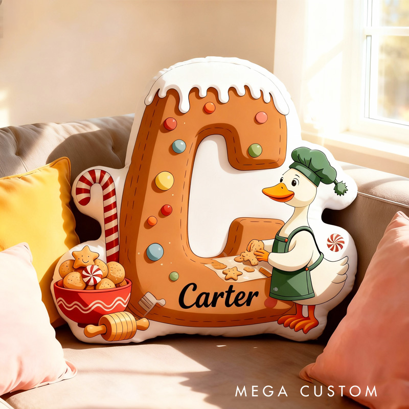 Personalized Christmas Goose Alphabet Throw Pillow Graphic 3D Print Gingerbread Letters with Name Goose Baker Festive Decor Gift for Kids Boys Girls Family 