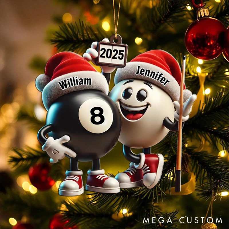 Personalized Funny Pool Ball Design 2D Flag Couple Ornament Chrismas Decoration with Names Chrismas Gift for Husband Wife