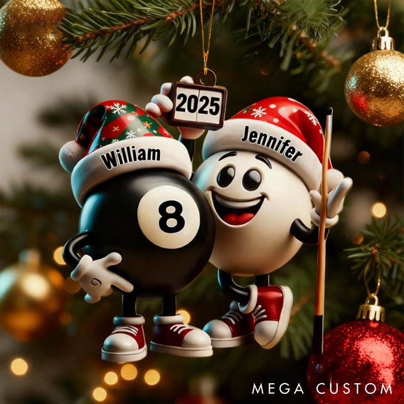Personalized Funny Chrismas Pool Ball Design 2D Flag Couple Ornament Chrismas Decoration with Names Chrismas Gift for Husband Wife