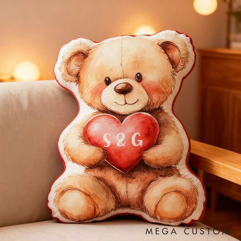 Personalized Flower Girl Bear Heart Pillow with Name Custom Couple Initials Cushion Valentine's Day Gift for Girl Christmas Gift for Girlfriend Wife