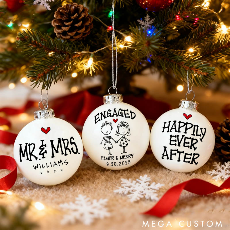 Personalized Mr and Mrs Engaged Matching Christmas Ball Ornament Newlyweds Name Date Hand-Painted Xmas Ball First Christmas Gift for Him Her