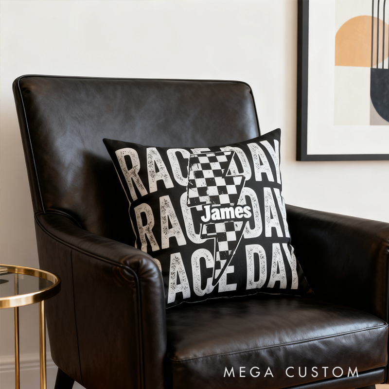 Personalized Race Day Throw Pillow Custom Name Checkered Flag and Lightning Bolt Design Cushion Gift for Racers and Motorsport Fans