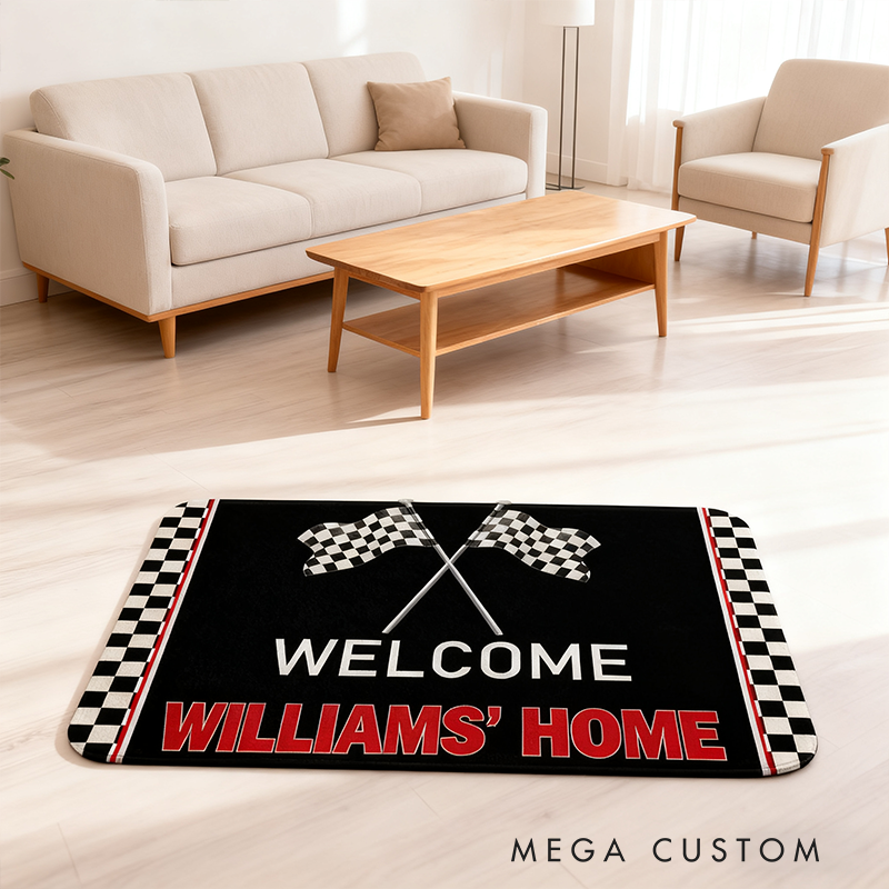 Personalized Racing Theme Door Mat Custom Name Checkered Flag Welcome Mat for Race Car Lovers and Motorsport Families