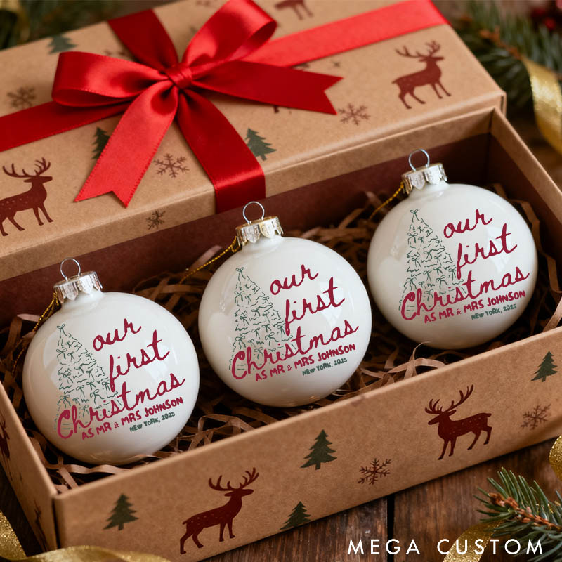 Personalized Our First Christmas as Mr and Mrs Christmas Ball Ornament Newlyweds Couple Tree Bow Married Xmas Ornament Christmas Gift for Him Her