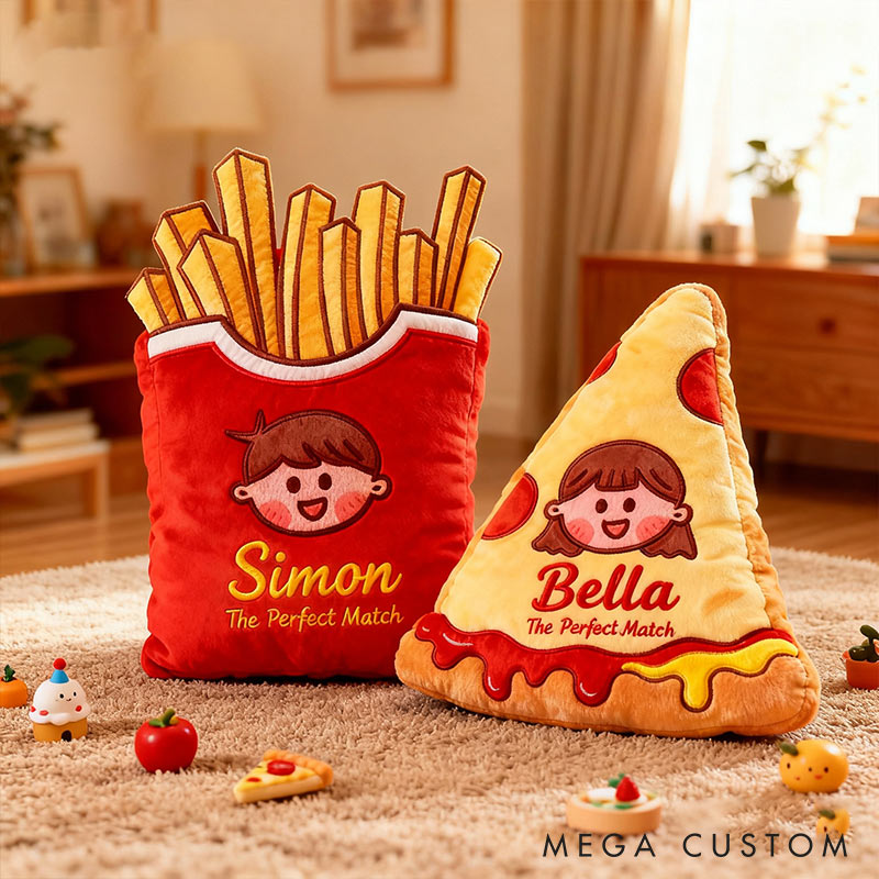 Personalized Cheese Pizza Girl and Crispy Fries Boy Pillow with Name Custom Couple Cushion Gift for Girl Christmas Gift for Girlfriend Boyfriend Wife