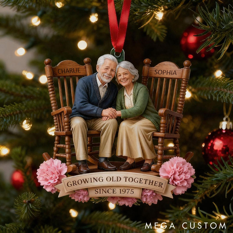 Personalized Growing Old Together Anniversary Ornament Couple 2D Flat Acrylic Ornament with Flowers Sitting Together Vintage Christmas Gift