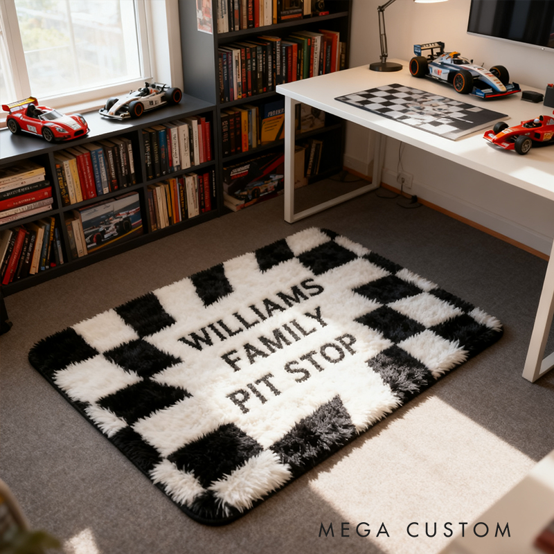 Personalized Racing Checkered Flag Rug Custom Family Name Pit Stop Mat for Motorsport Lovers and Car Families
