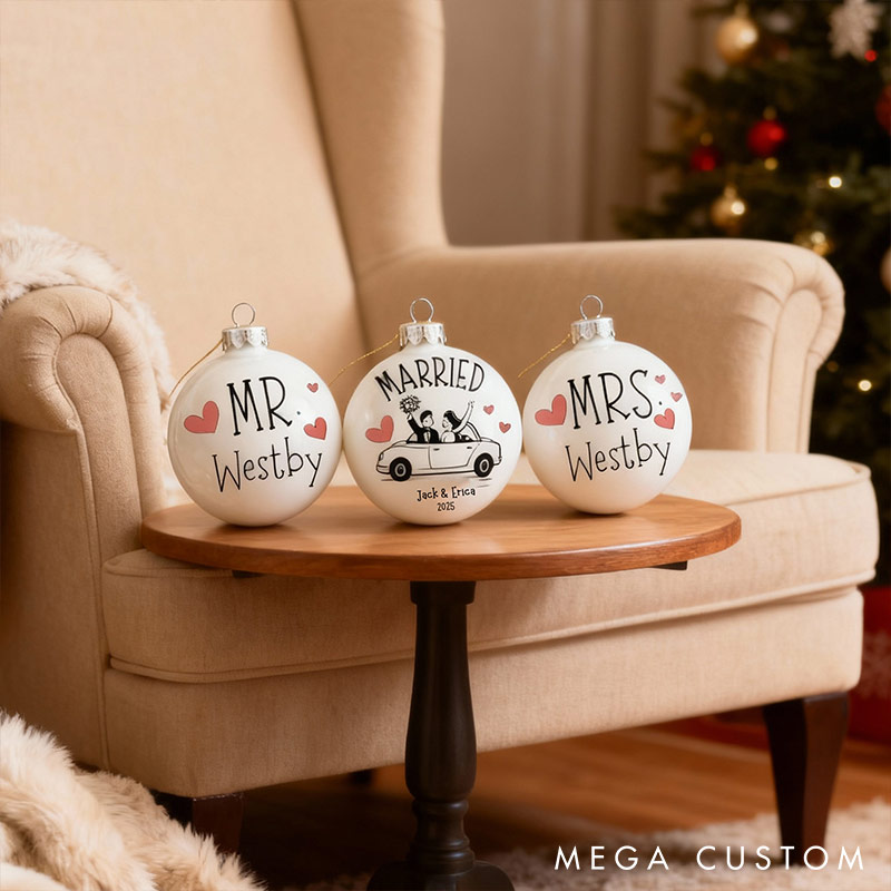 Personalized Mr and Mrs Matching Christmas Ball Ornament Our First Christmas Ornament Set For Newlywed Couple Wedding Ornament Keepsake