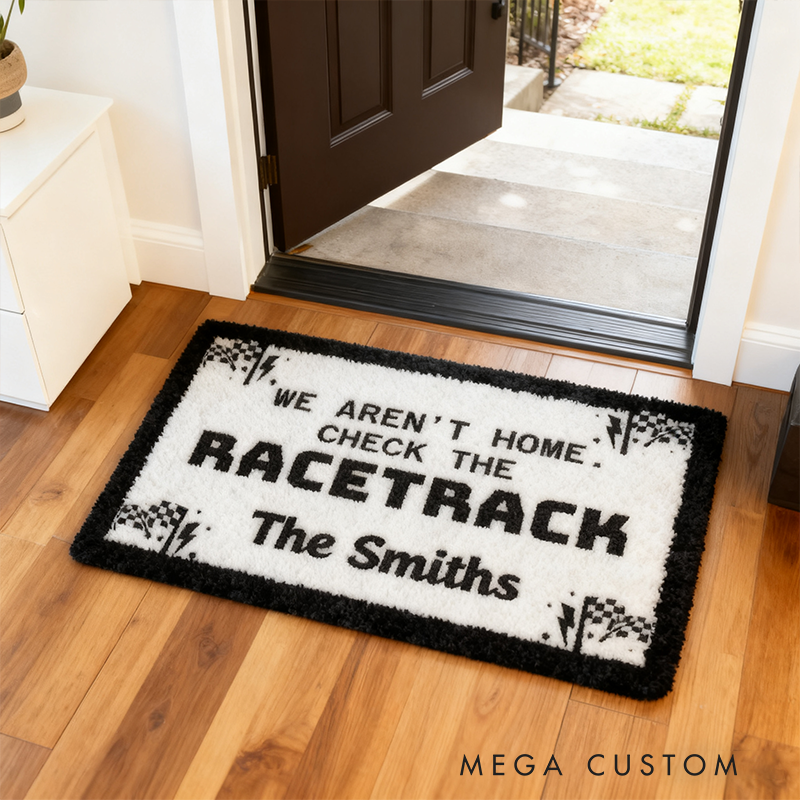 Personalized Racer Family Doormat Custom Name We Are not Home Check the Racetrack Welcome Mat for Car Lovers and Motorsport Fans