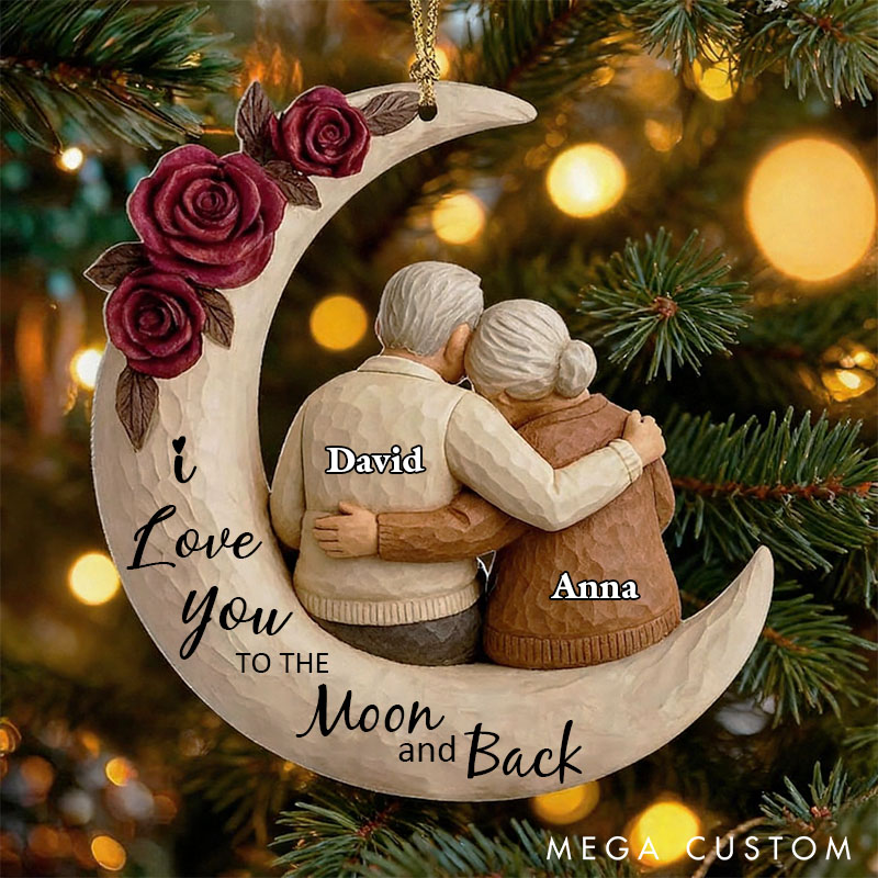 Personalized Old Couple Ornament 2D Flat Couple Anniversary Gift From Our First Kiss Till Our Last Breath Moon Acrylic Ornament with Elderly 