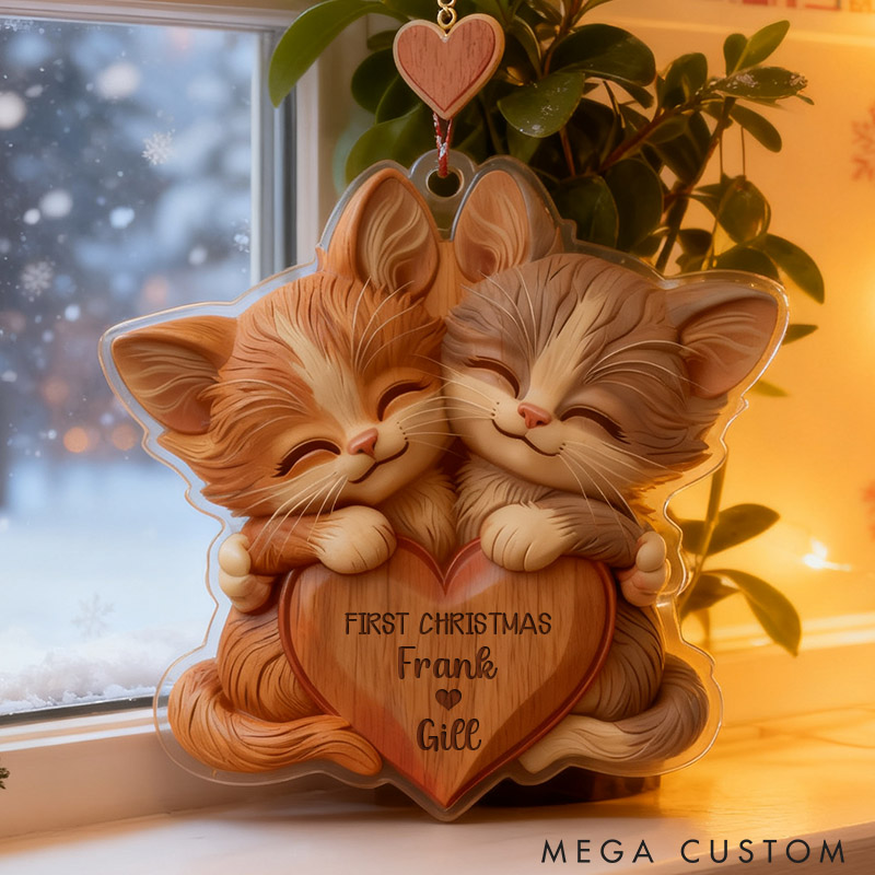 Personalized 2D Flat Printed Faux Wood Couple Cat Acrylic Christmas Ornament Custom Newlywed Xmas Ornament Our First Christmas Gift for Animal Lovers