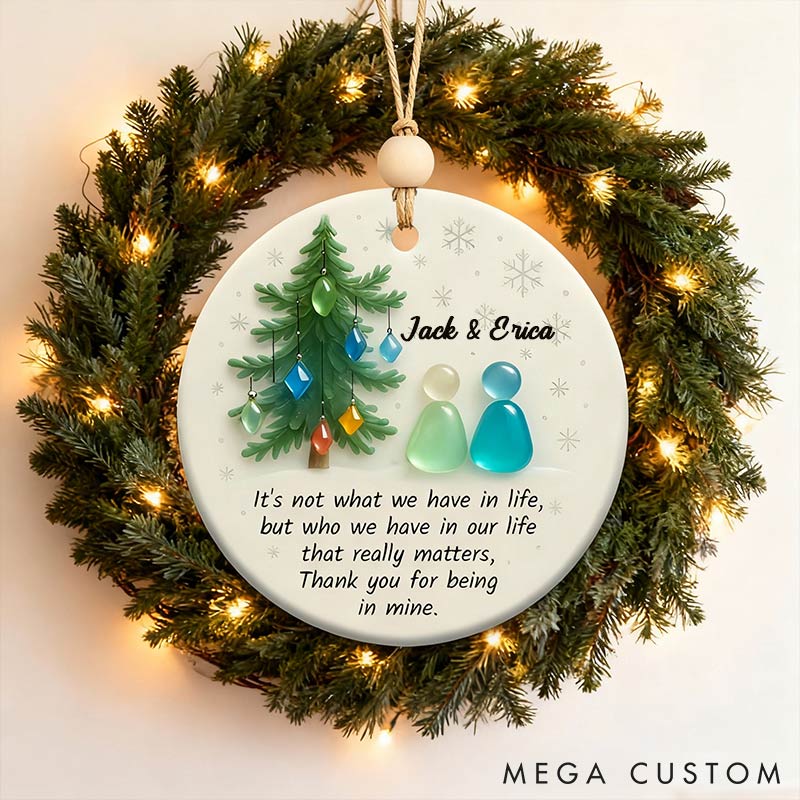 Personalized Faux Sea Glass Couple 2D Flag Chrismas Tree Couple Ornament Chrismas Decoration Gift for Husband Wife for Girfriend Boyfriend