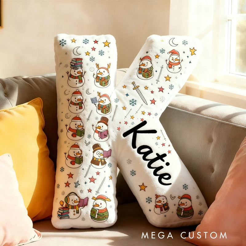 Personalized Snowman Reading Book Throw Pillow Graphic 3D Cozy Bookish Pillow with Name for Bookworm Librarian Christmas Throw Pillow Bookish Gift