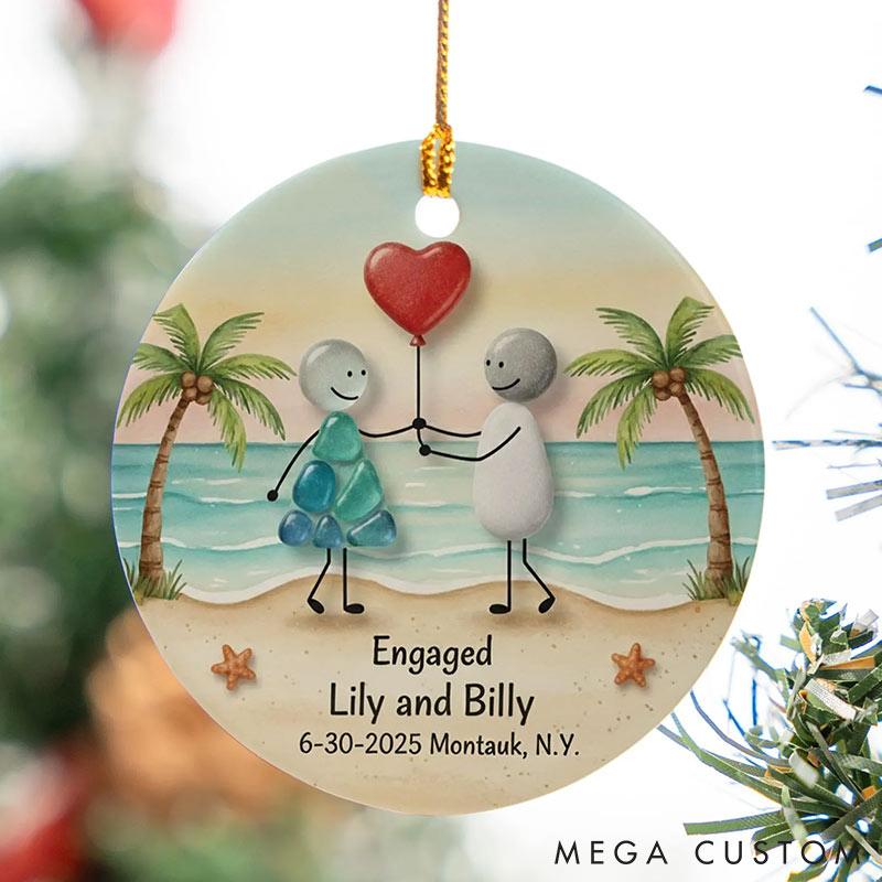 Personalized Faux Sea Glass Couple 2D Flag Chrismas Tree Couple Ornament Chrismas Decoration Gift for Husband Wife for Girfriend Boyfriend