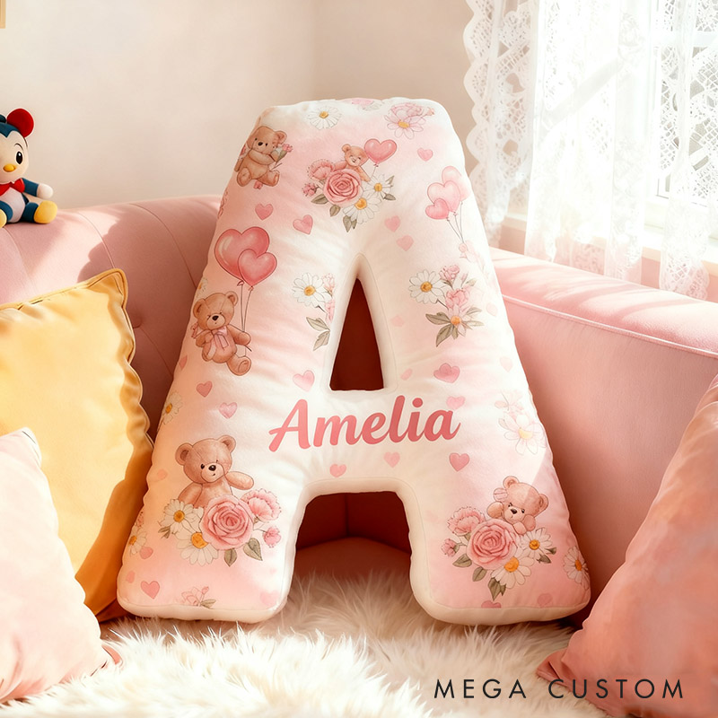 Personalized Flower Girl Pink Floral Bear Heart Balloon Letter Pillow Custom Couple Cushion Wedding Gift for Girl Christmas Gift for Girlfriend Wife