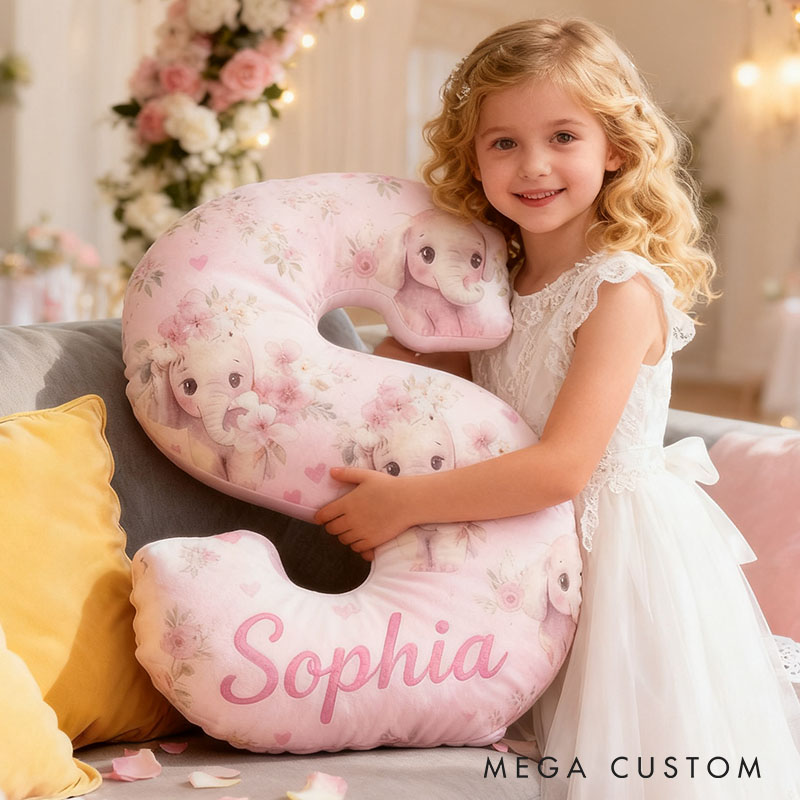 Personalized Flower Girl Pink Floral Elephant Heart 26 Letter Pillow Custom Girl Name Cushion Wedding Gift for Girl Christmas Gift for Girlfriend Wife