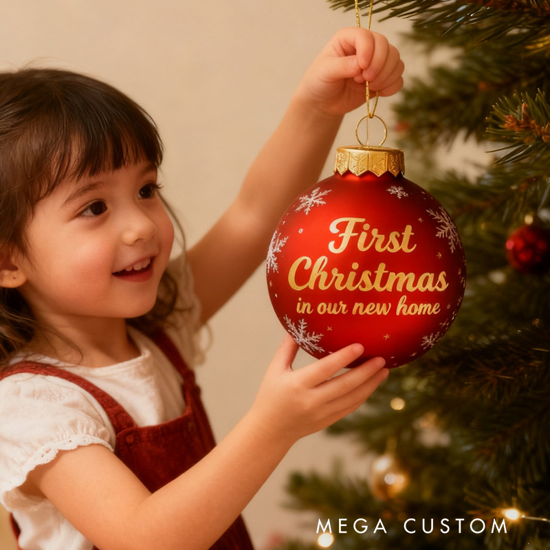 Personalized Christmas Ball Ornament First Christmas Ornament in Our New Home Red Holiday Decoration Custom Keepsake Gift for New Beginnings