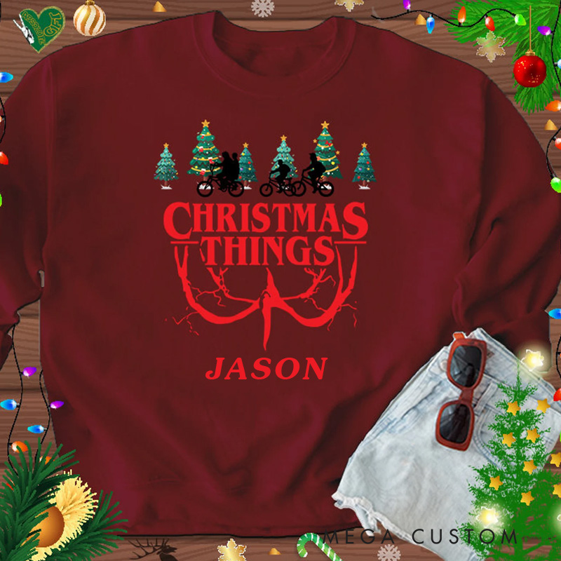 Personalized Cycling Christmas Sweatshirt Strange Cycling Things Funny Biking Holiday Sweater with Name Sweatshirts Gift for Rider Friends Cycling Riding Lovers