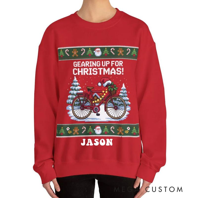 Personalized Bicycle Classic Christmas Jumper Sweatshirt Funny Biking Holiday Sweater with Name Sweatshirts Gift for Rider Friends Cycling Riding Lovers