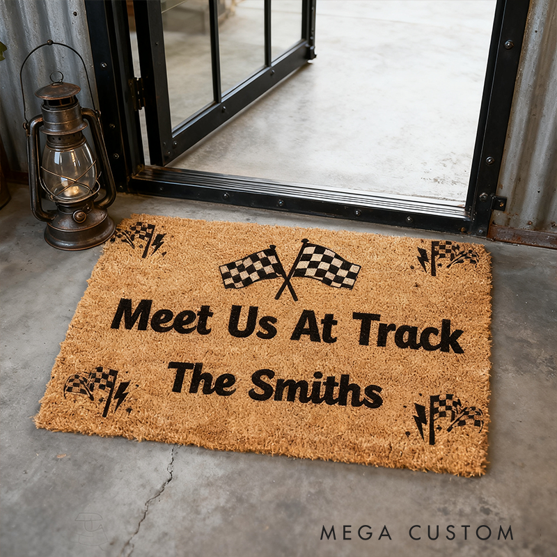 Personalized Racing Doormat Meet Us At The Track Custom Name Coir Mat Racetrack Decor for Car Lovers