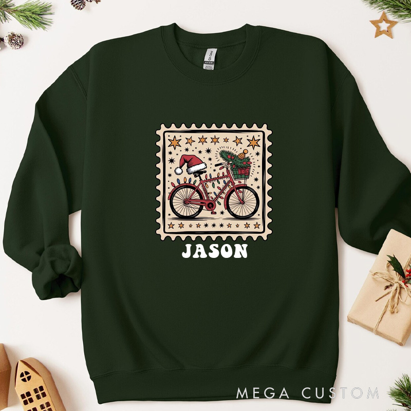 Personalized Bicycle Stamp Christmas Jumper Sweatshirt Funny Biking Holiday Sweater with Name Sweatshirts Gift for Rider Friends Cycling Riding Lovers