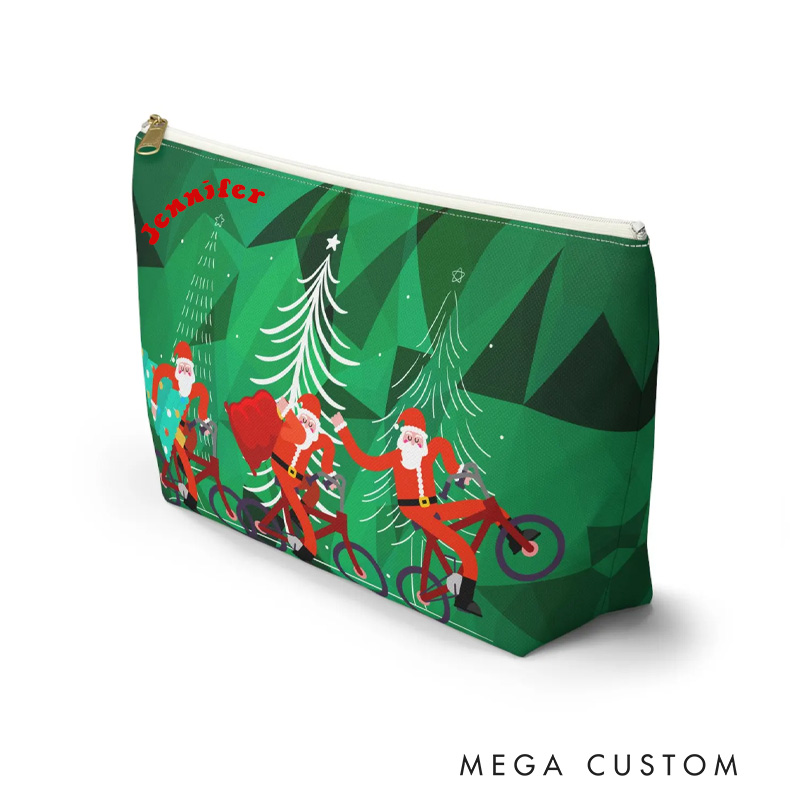 Personalized Cycling Santas Zip Case Makeup Bag with Name Christmas School Everyday Gift for Women