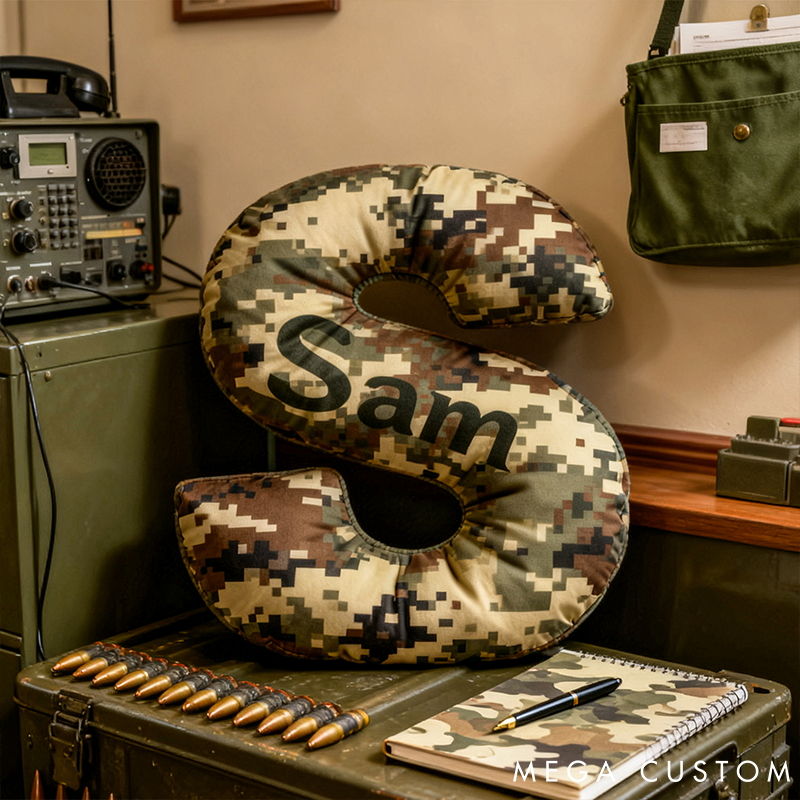 Personalized Camo Throw Pillow Initial Shaped Pillow Custom Throw Pillow with Name Military Style Pillow Gift for Men Boys Military Adventure-Themed Gifts