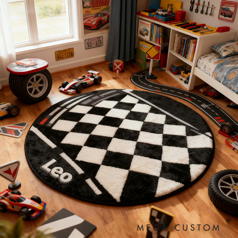 Personalized Racing Rug Custom Name Checkered Flag Round Carpet for Racing and Car Lovers Decor