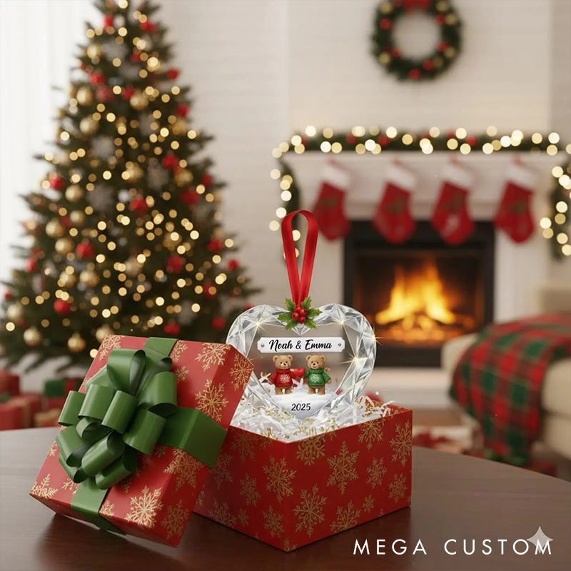 Personalized Faux Diamond Bear Couple 2D Flag Coustom Name Date Location Ornament Chrismas Decoration Gift for Husband Wife for Girfriend Boyfriend