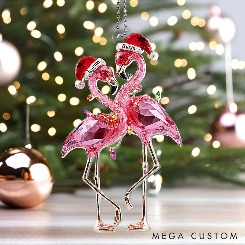 Personalized Faux Diamond Flamingo Couple 2D Flag Coustom Name Date Location Ornament Chrismas Decoration Gift for Husband Wife for Girfriend Boyfriend
