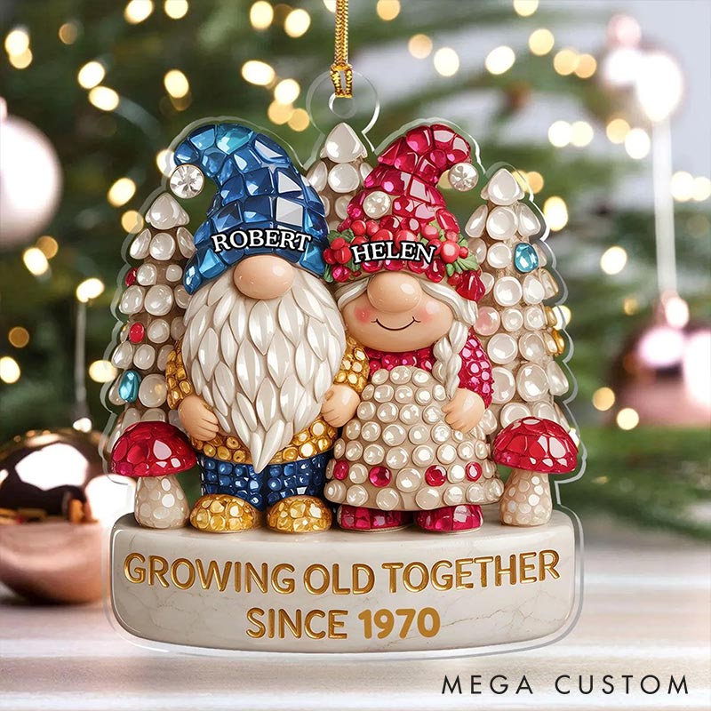 Personalized Growing Old Together Since Faux Diamond Gnome Couple 2D Flag Ornament Chrismas Decoration Gift for Husband Wife for Girfriend Boyfriend