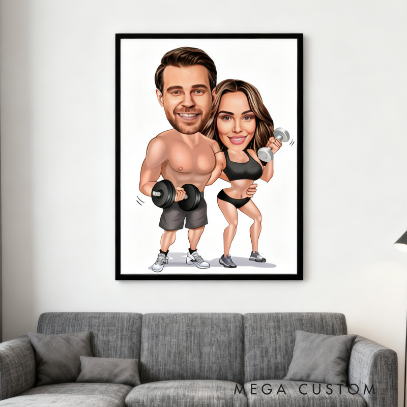 Personalized Photo Cartoon Portrait Gym Lover Couple Portrait Fitness Gifts Cartoon Weightlifter Portrait Bodybuilding Poster Gym Gift ideas