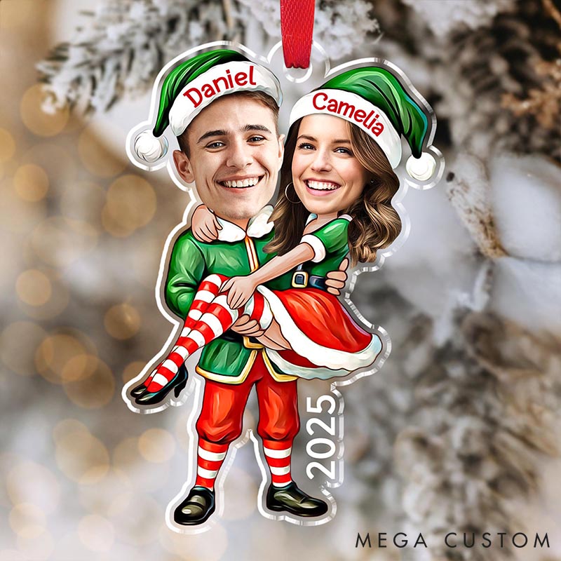 Personalized Couple Elf Photo Acrylic Christmas Ornament Custom Newlywed Name Xmas Ornament from Your Own Picture Our First Christmas Gift for Him Her