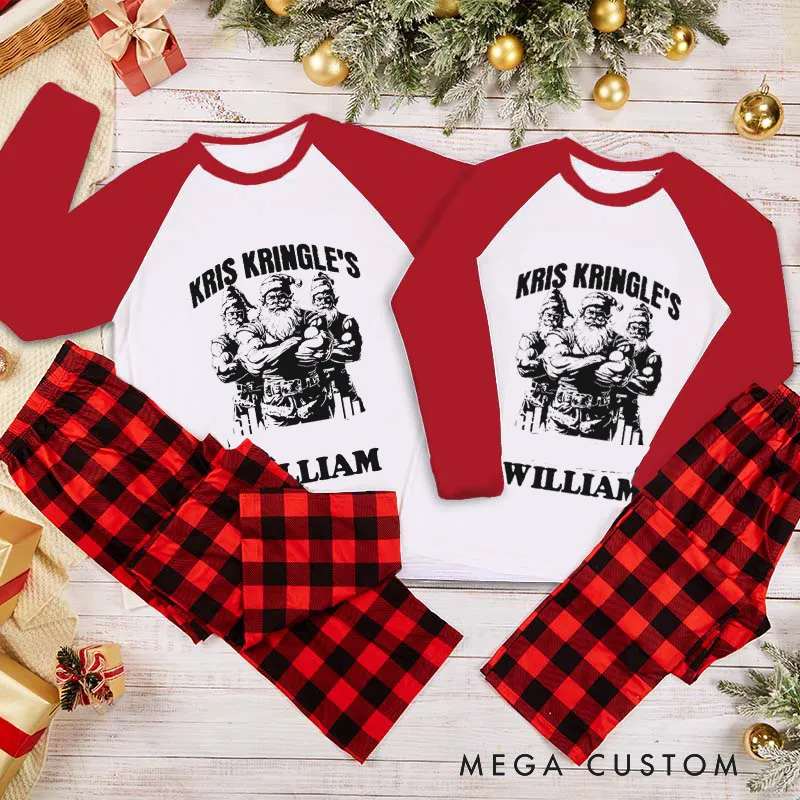 Personalized Couple Xmas Pajamas with Kris Kringles Iron Works Christmas Matching Pjs for Fitness Enthusiasts Bodybuilders and Gym Lovers Husband Wife Boyfriend Girlfriend