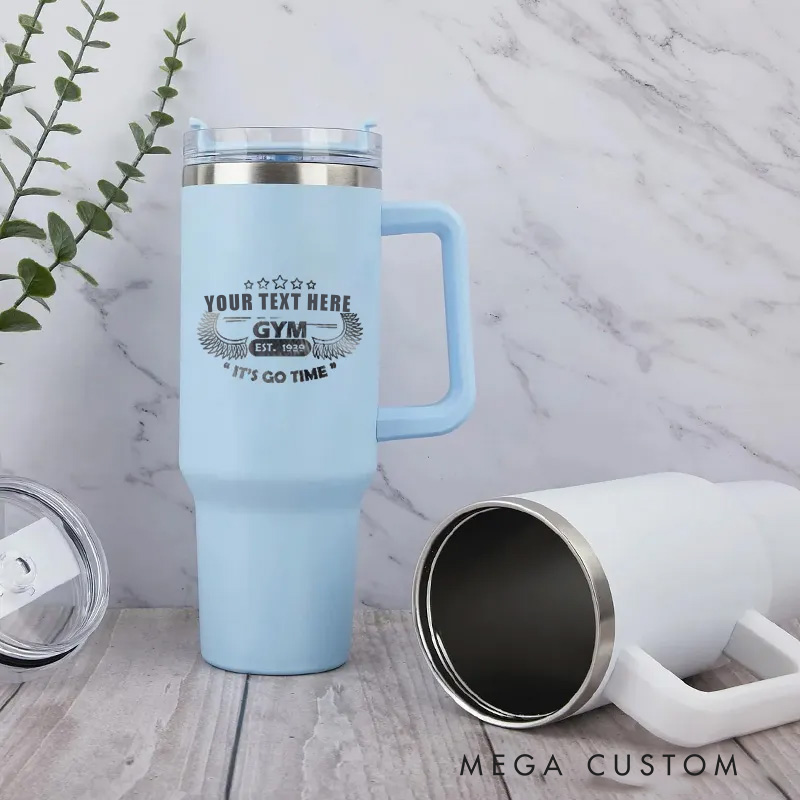 Personalized Handle Tumbler with Wings and Motivational Theme for Gym Lover Fitness Durable Hot or Cold Drinks
