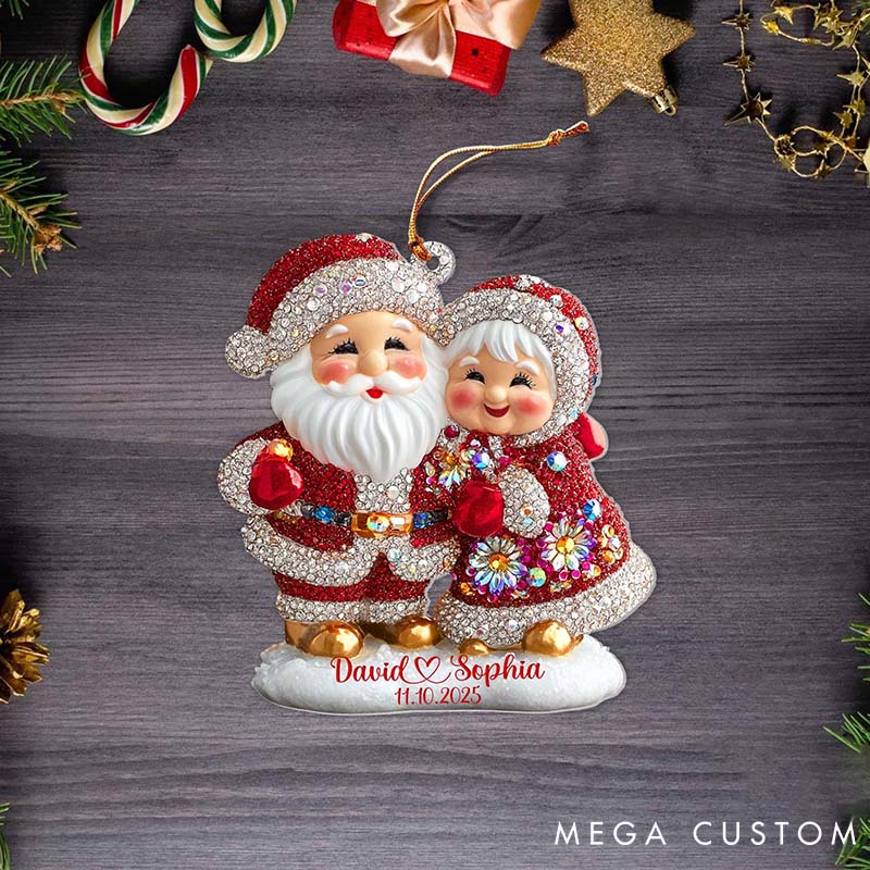 Personalized Santa and Mrs Claus Ornament Couple Christmas 2D Flat Acrylic Ornament Sparkly Rhinestone Holiday Gift Couple Wedding Xmas Decor