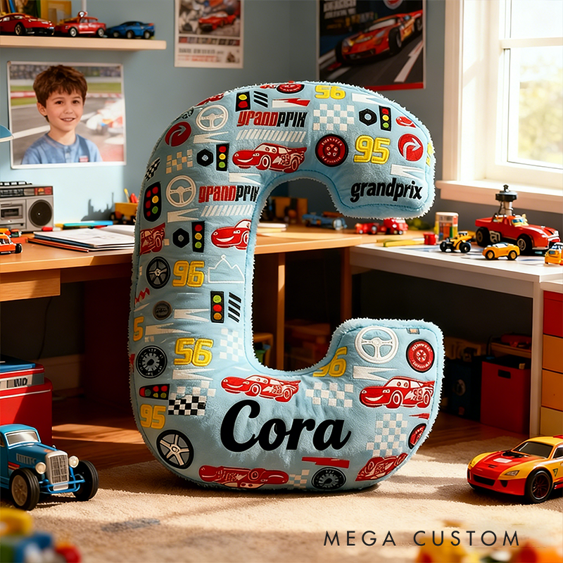 Personalized Racing Letter Pillow Custom Name Vehicle Pattern Alphabet Cushion Gift for Racers and Racing Fans