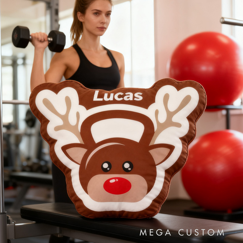 Personalized Reindeer Kettlebell Plush Pillow Graphic 3D Print Gift Ideas Weight Lifting Cute Gifts Custom Name Pillow Comfortable Christmas Decor for Gym Lovers