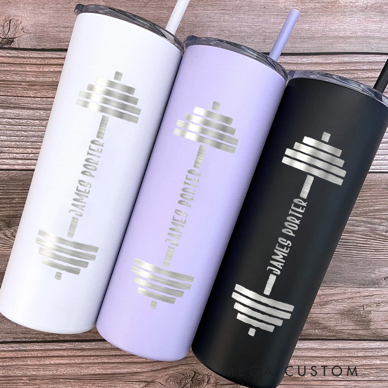 Personalized Trainer Travel Mug Skinny Tumbler with Barbell Engraved Stainless Steel Tumbler Name with Heart Tumbler Fitness for Gym Lovers Workout Gift